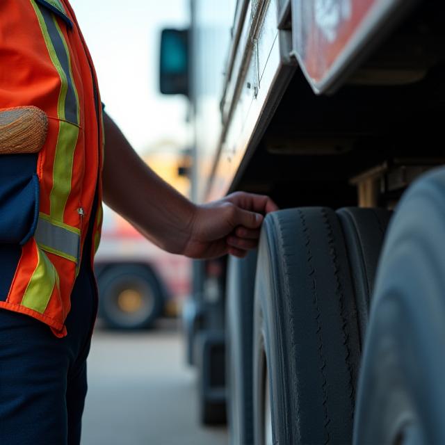 Professional driver performing a pre-trip safety inspection