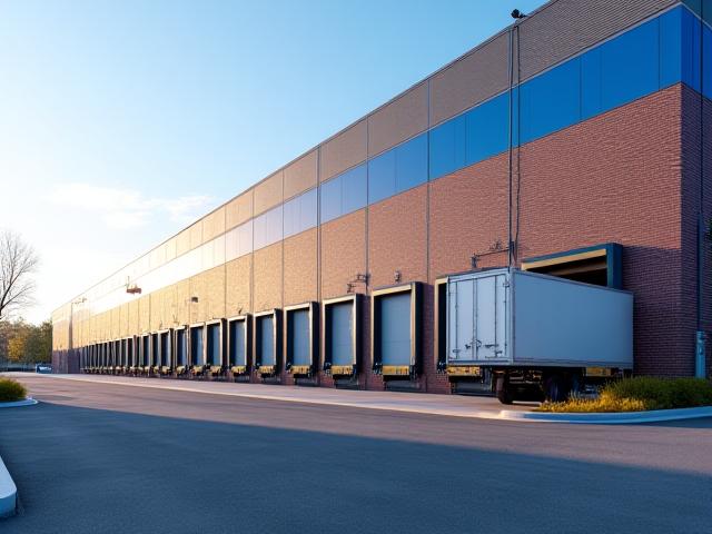 Exterior of Haley Transportation warehouse facility with truck bays and professional security lighting