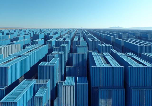 Stacked intermodal containers at a shipping terminal