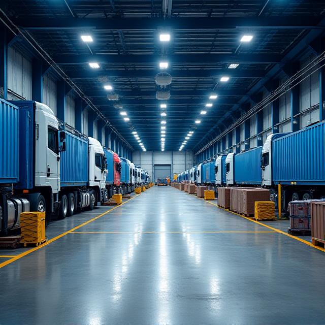 Organized modern warehouse loading dock with Haley Transportation logistics activity