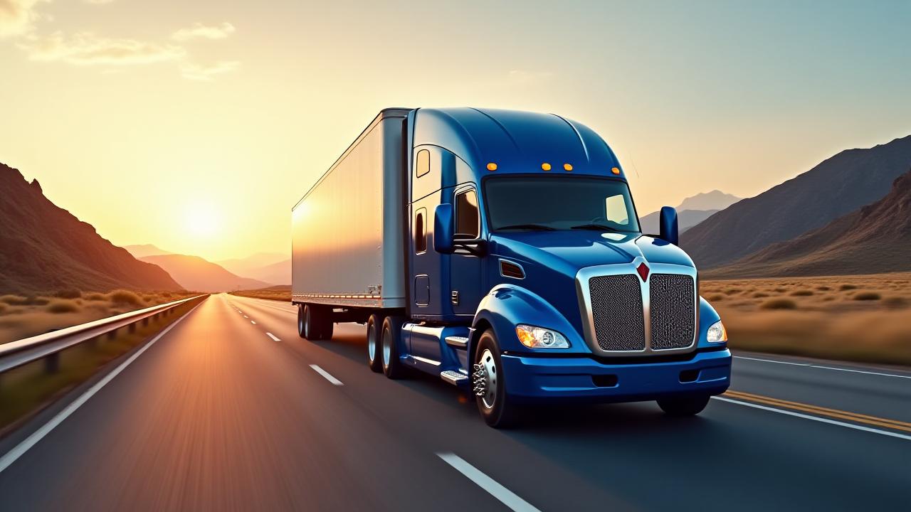 Modern Haley Transportation truck cruising on a western mountain highway at sunset